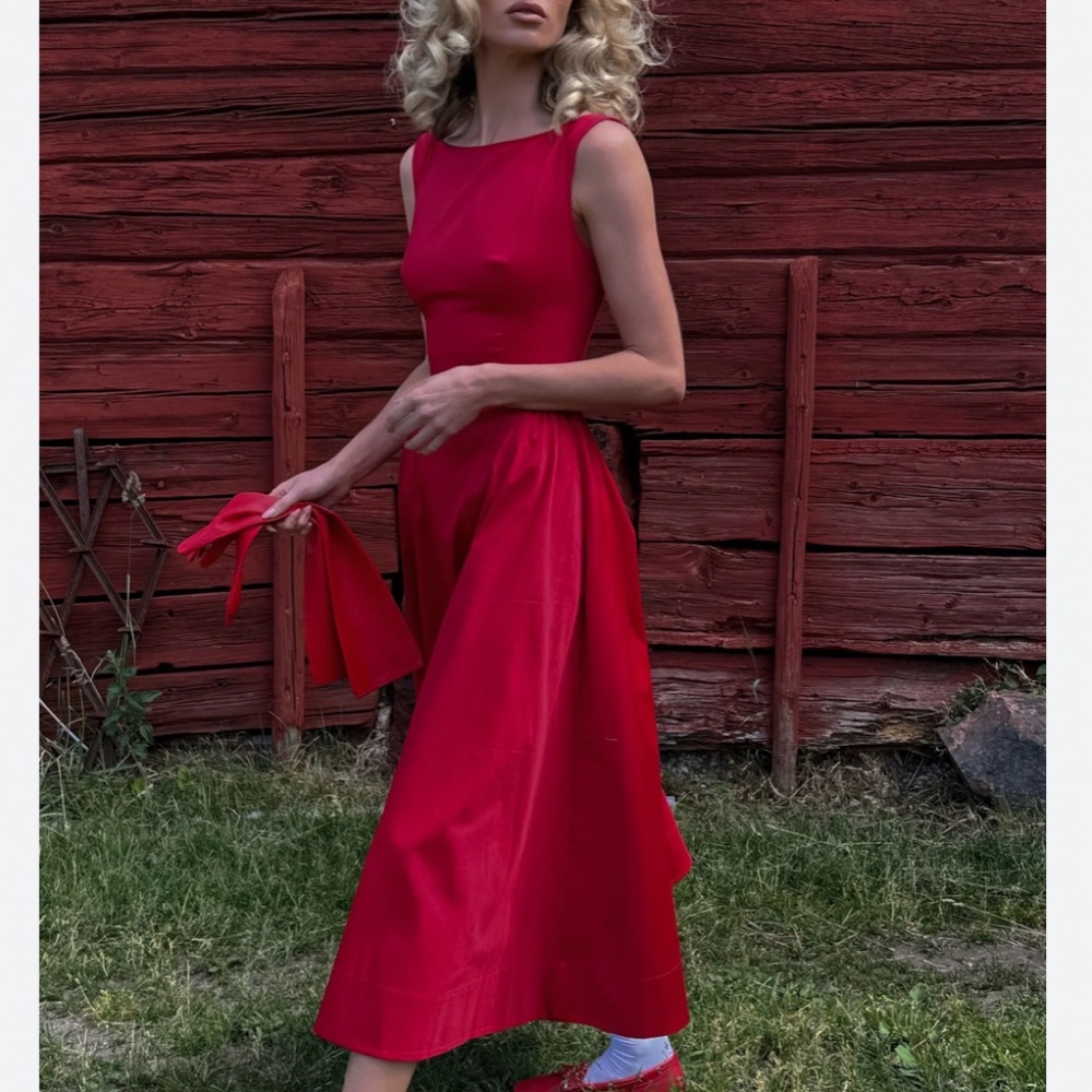 NWT Helsa Stretch Cotton Sateen Midi Dress - Red Lipstick - Picture 3 of 10